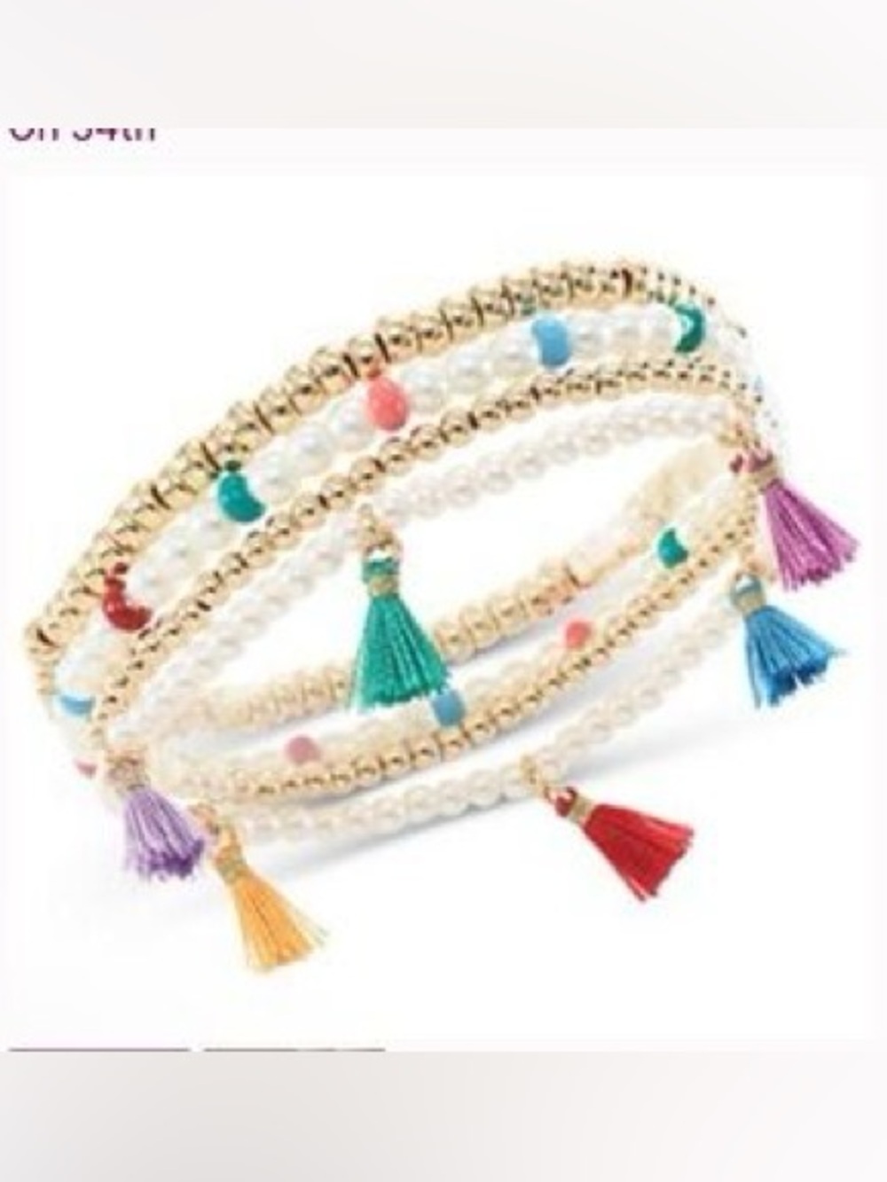 On 34th Beaded Stackable Bracelet Set with Multicolor Tassels - gold & white NWT